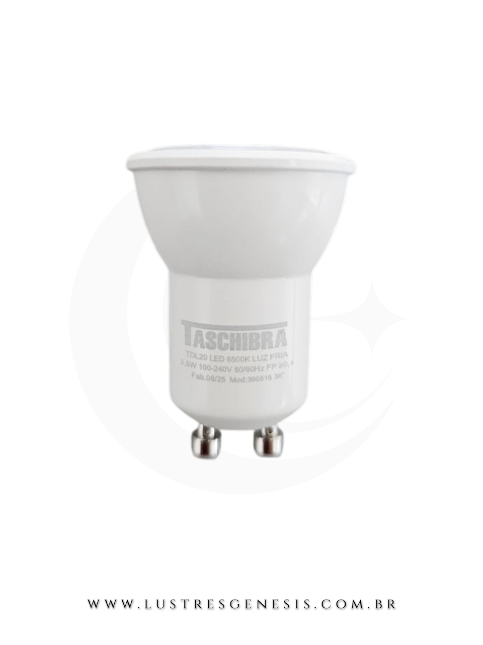 L&acirc;mpada Mini Dicroica MR11 Gu10 3.5W LED Taschibra, luz branco quente, frio e neutro, vista frontal do produto